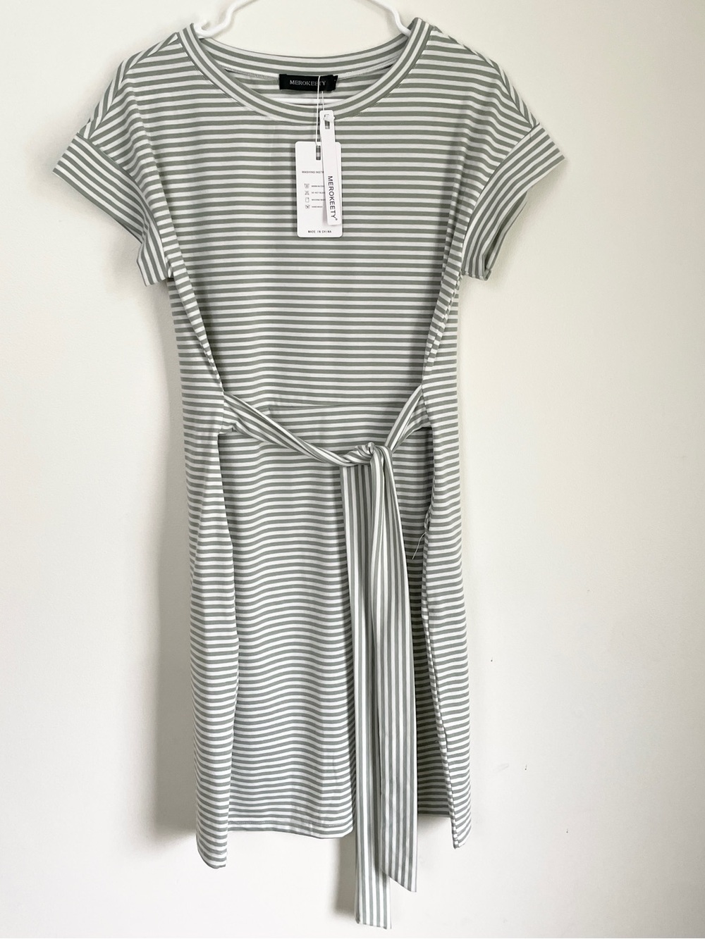 Modern Crewneck Tie-Waist Midi Dress in Sage/White Stripes